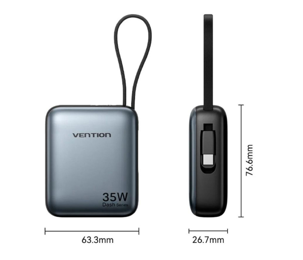 Vention Powerbank 10000mAh 35W PD z wbudowanym kablem USB-C szary - 1543386 - zdjęcie 2